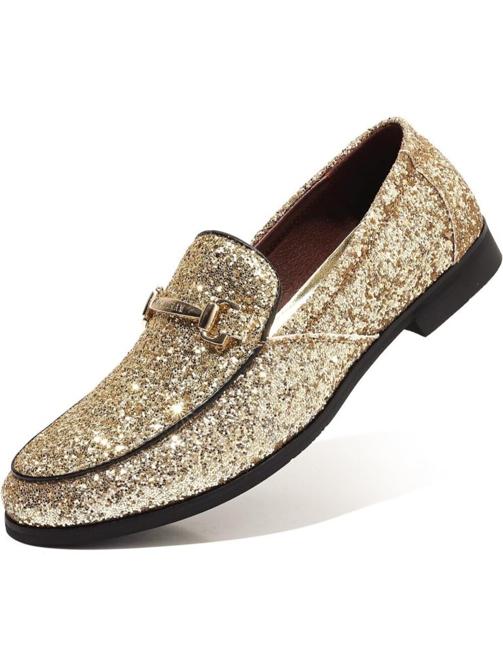 🆕Men's Gold Rubber Sole Glitter Sequins Loafers Tuxedo Gold Buckle Luxury Shoes